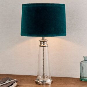Winslet Teal Velvet Shade Table Lamp In Clear Glass Base