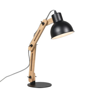 Industrial table lamp black with wood – Woodi