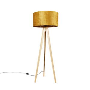 Floor lamp wood with fabric shade gold 50 cm - Tripod Classic
