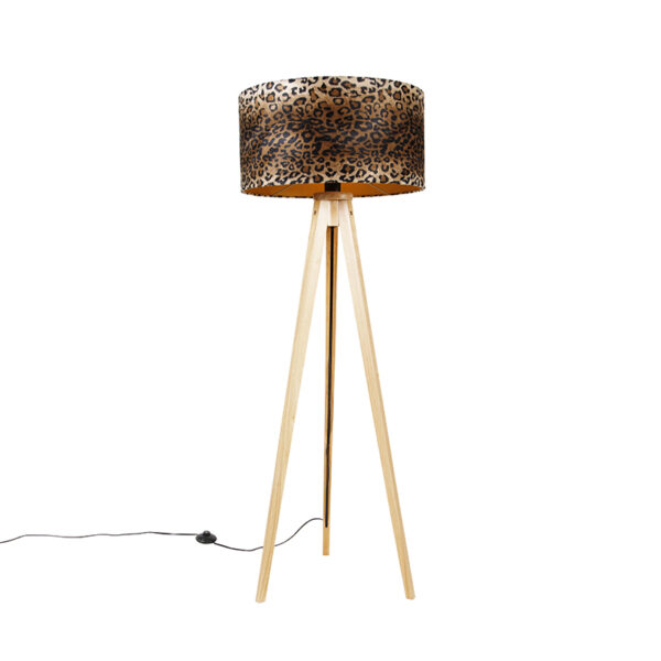 Modern floor lamp wood fabric leopard shade 50 cm - Tripod Classic