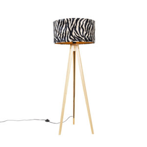 Floor lamp wood with fabric shade zebra 50 cm – Tripod Classic