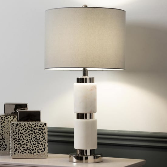 Davos Grey Faux Silk Shade Table Lamp With White Marble Base