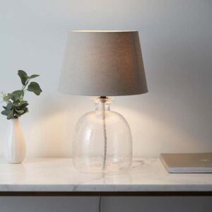 Lecce Cici Grey Fabric Shade Table Lamp With Clear Glass Base