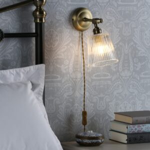 Laura Ashley Callaghan Plugged In Wall Light In Antique Brass Finish With Ribbed Glass Shade