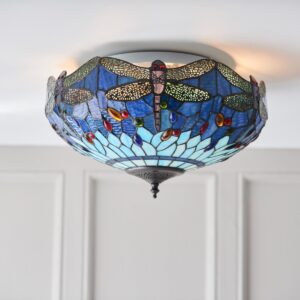 Interiors 1900 70722 Dragonfly Blue Tiffany Medium 2 Light Flush Ceiling Light