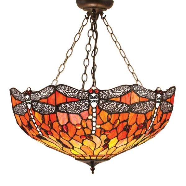 Interiors 1900 64076 Dragonfly Flame Tiffany Medium Inverted 3 Light Ceiling Pendant