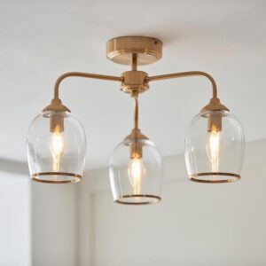 Aiken Clear Glass Semi Flush Ceiling Light In Brushed Aged Brass