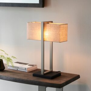 Natick Natural Fabric Table Lamp In Satin Nickel