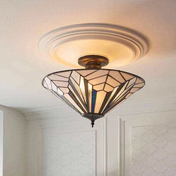 Anqing Tiffany Glass Semi-Flush Ceiling Light In Satin Black