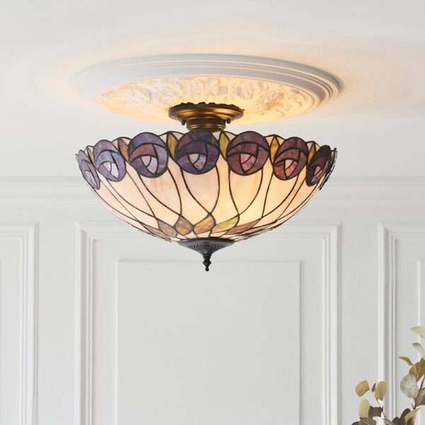 Hinton Tiffany Glass Semi Flush Ceiling Light In Multicolour