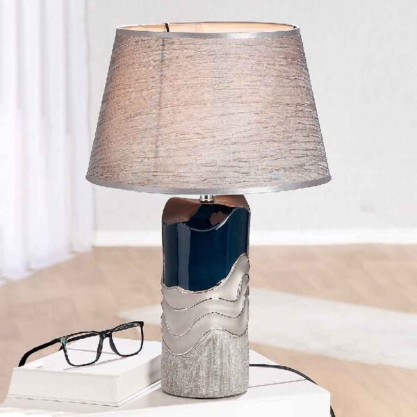 Carnation Ceramics Table Lamp In Dark Blue And Silver
