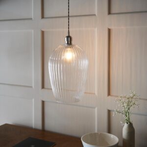 Hixson Large Ribbed Glass Pendant Ceiling Light In Nickel