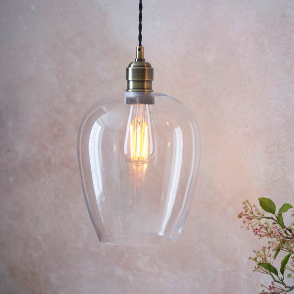 Hixson Small Clear Glass Ceiling Pendant Light In Antique Brass