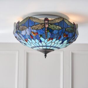 Interiors 1900 70722 Dragonfly Blue Tiffany Medium 2 Light Flush Ceiling Light