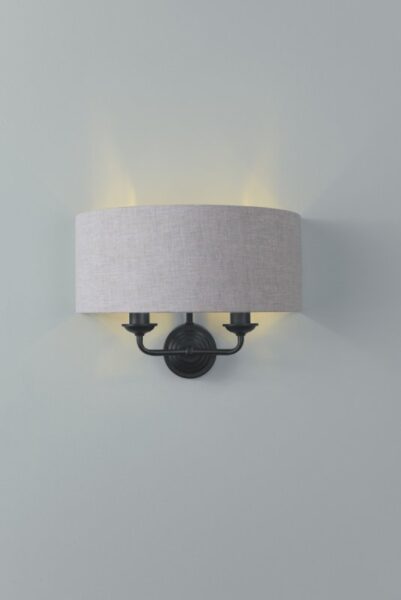 Laura Ashley Sorrento 2 Light Wall Light In Matt Black With Natural Linen Shade