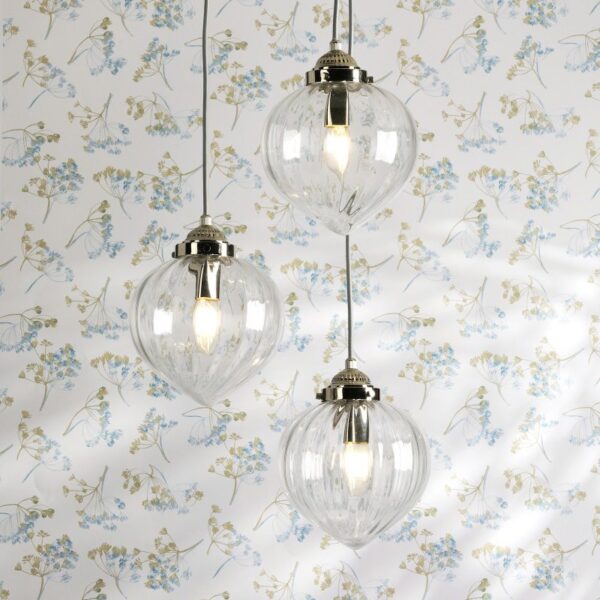 Laura Ashley Whitham 3 Light Cluster Ceiling Pendant Light In Polished Nickel With Ribbed Glass LA3756592-Q
