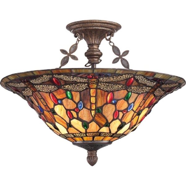 QZ/JDRAGONFLY/SF Semi Flush Ceiling Light In Malaga With Tiffany Glass Shade