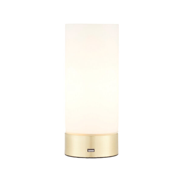 Destin Opal Glass Cylindrical Shade USB Table Lamp In Brass