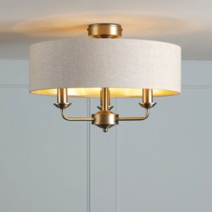 Laura Ashley Sorrento 3 Light Semi-Flush Ceiling Light In Matt Antique Brass With Natural Shade LA3756750-Q