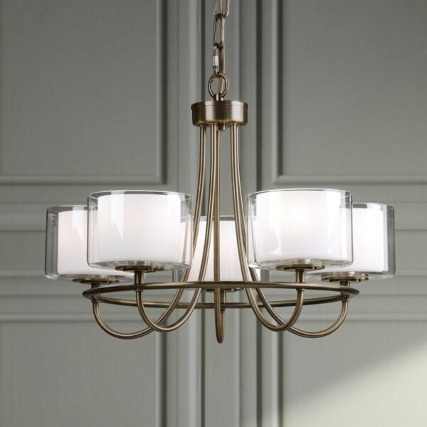 Laura Ashley Southwell 5 Light Armed Ceiling Pendant Light In Antique Brass With Opal Glass Shades LA3756672-Q